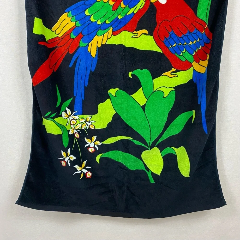 Vintage Tropical Parrot Print Black Beach Towel